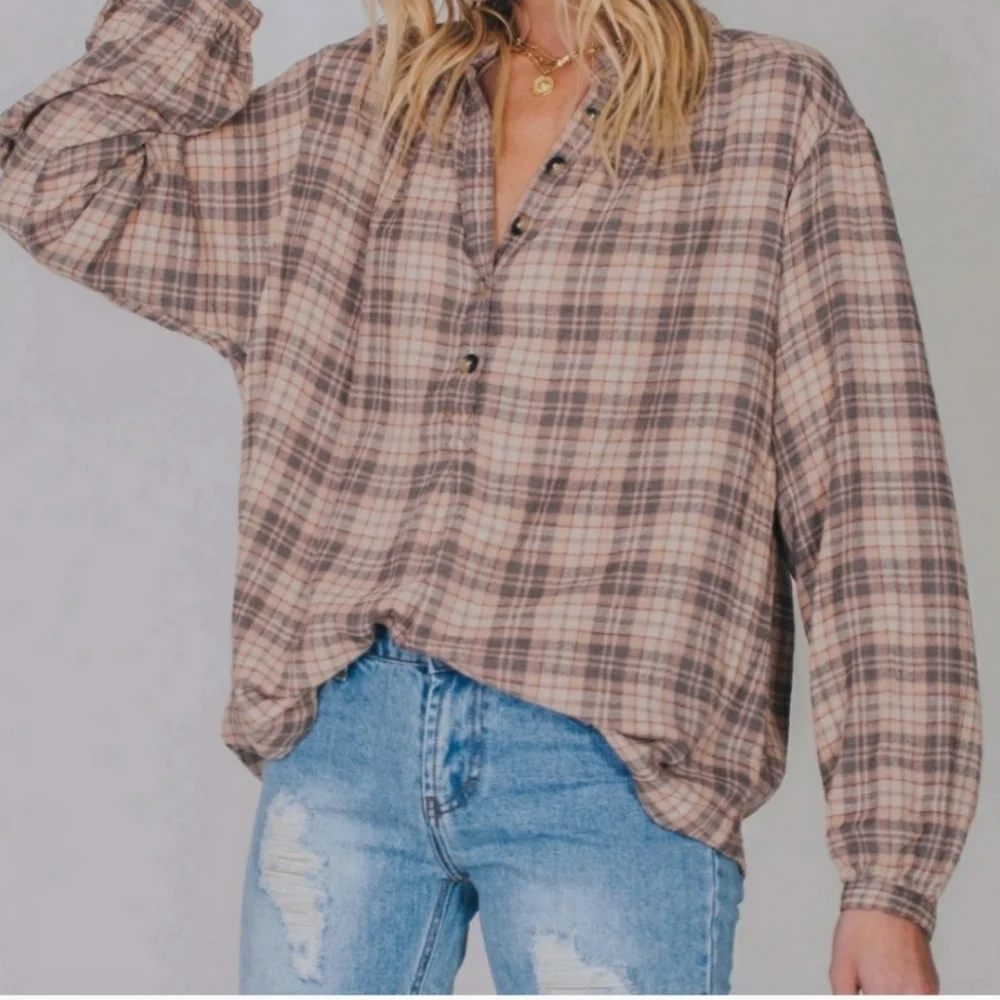 Free People Northern Bound Oversized Flannel Balloon Sleeve Top in Beige Combo